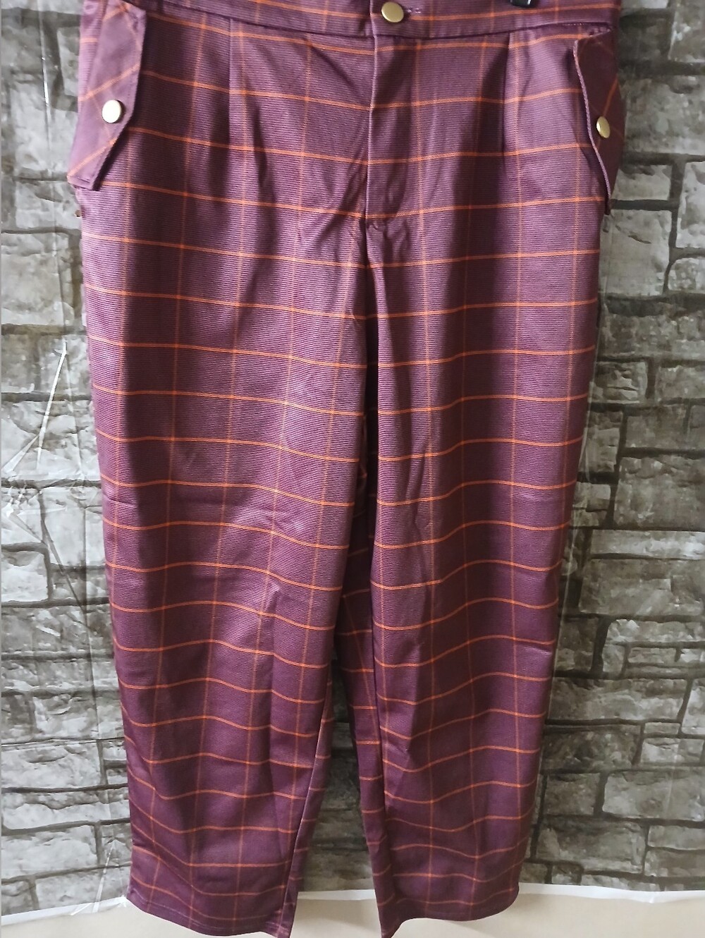 Allegra K Women's Burgundy and Orange Windowpane Dress Pants